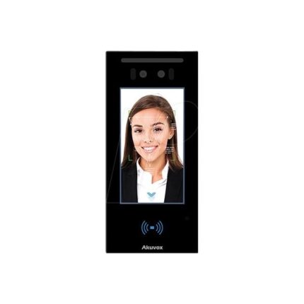 Citofono intelligente AKUVOX A05C montato a parete con lettore RFID integrato e design moderno.